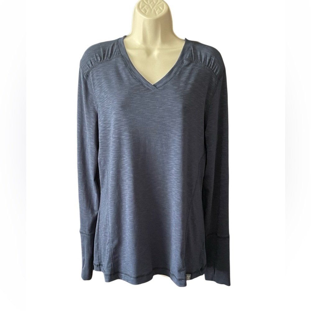 Title Nine Long Sleeve Rusched Shoulder Tee Womens Large Blue Thumbholes Layer